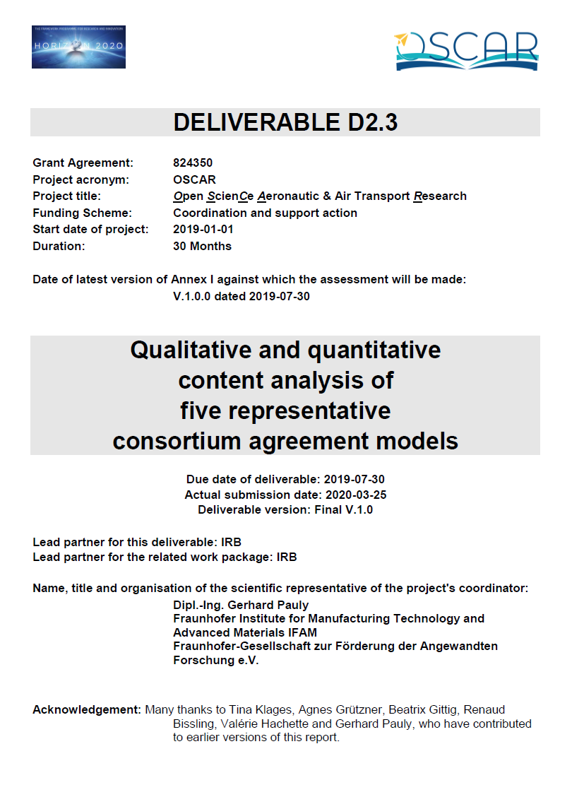 D2.3 - Qualitative and Quantitative Content Analysis of Five Representative Consortium Agreement Models